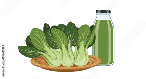 Fresh green bok choy leaves in a woven basket next to a tall glass bottle of healthy green vegetable juice or smoothie.