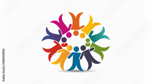 Colorful circle of people representing unity and diversity on a white background