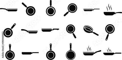 Collection of frying pan silhouette icons with steaming effect for cooking and culinary concepts