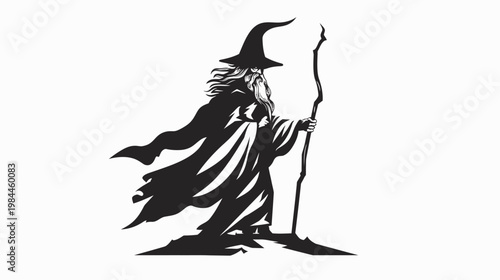 Wise wizard silhouette with staff and robe in black and white design
