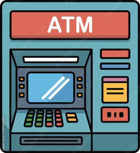 Modern Blue ATM Machine with Digital Screen and Keypad Icon