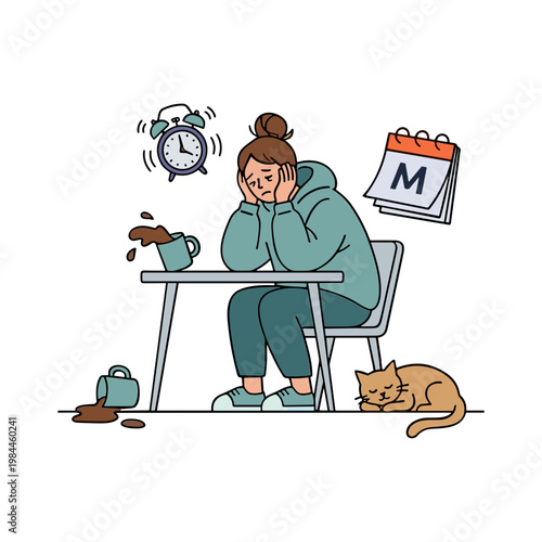 Woman sits at desk stressed with coffee spill and cat nearby