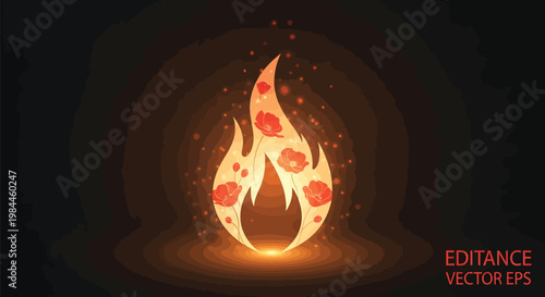 Glowing fire flame with red poppy flowers, mystical burning campfire vector illustration, orange heat blaze with floral pattern on black background