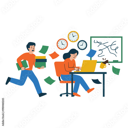 A man runs past a woman stressed at her desk with clocks and papers.