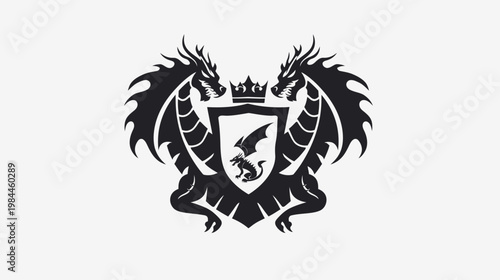 Heraldic dragons crest with crown black and white design decorative