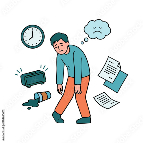 Man feeling stressed with clock and papers around him falling down