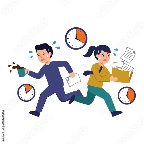 A man and woman rush frantically holding papers and a plant with clocks surrounding them.
