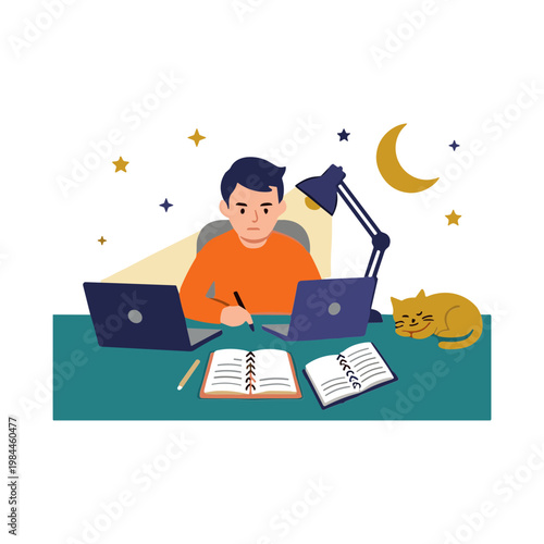 A man studies late at night with his cat beside him at a desk.