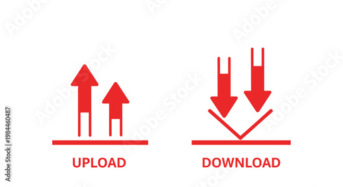 Red upload and download arrow symbols on a white background representing data transfer, internet communication, and file sharing concepts.