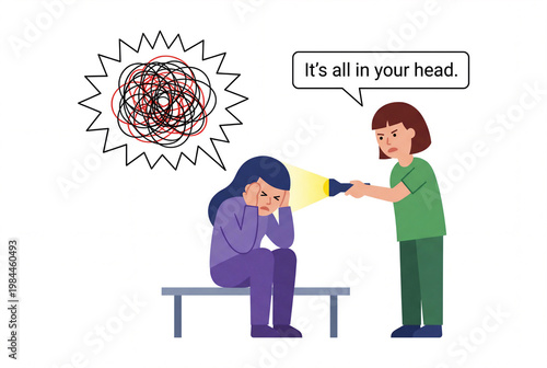 Conceptual illustration of gaslighting showing a woman holding a flashlight and saying it is all in your head to a confused person representing narcissism and psychological abuse.