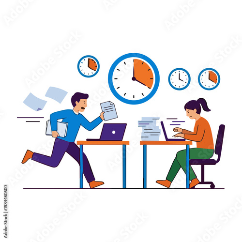 Man rushing past woman working at desk with clocks and papers