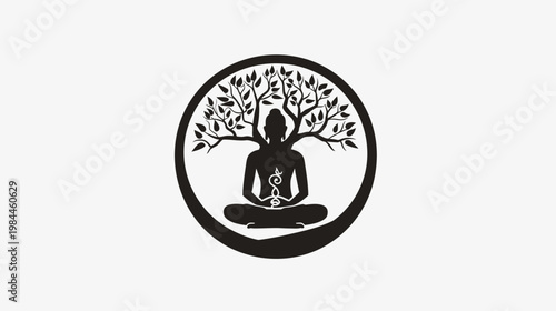 Meditating figure with tree silhouette in circle on white background