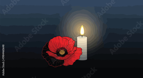 Remembrance Day red poppy flower with burning candle, memorial symbol on dark background, tribute vector illustration for Anzac Day or Veterans Day