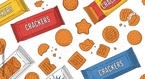 Crackers snack vector pattern with packaged biscuits and crumbs scattered illustration isolated on white background design