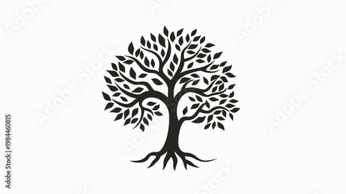 Black and white tree illustration with leaves and roots on white background