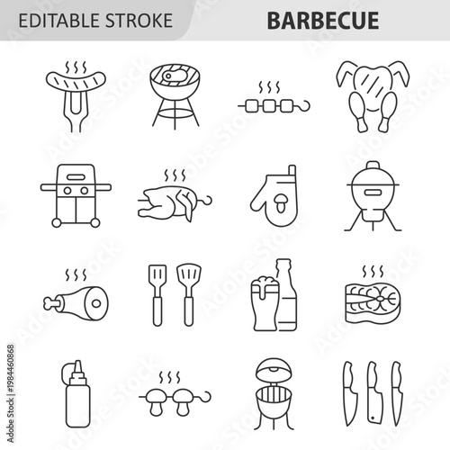 Barbecue line icon set. Linear vector graphics of meat, grill equipment and cooking tools for summer party, picnic and outdoor kitchen. Editable stroke.