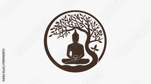 Meditating buddha silhouette under tree inside circle logo design
