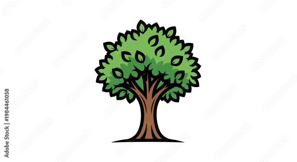 Fototapeta premium Cartoon tree illustration green leaves and brown trunk on white background