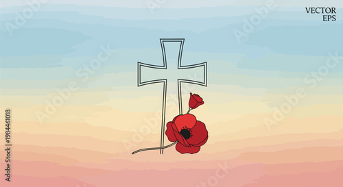 Remembrance Day vector illustration with red poppy flower and Christian cross, memorial symbol on sunset sky background, commemorative funeral art