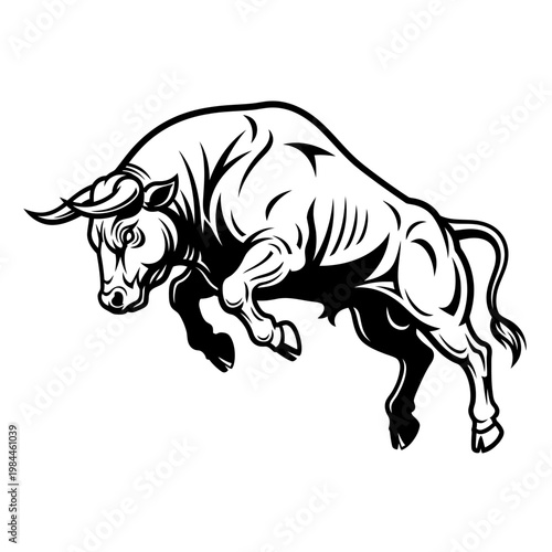 Powerful black bull charging forward with muscular build and horns