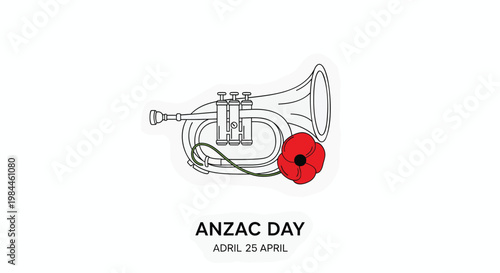 Anzac Day commemorative vector illustration, military bugle with red poppy flower, April 25 remembrance day symbol, minimalist line art trumpet