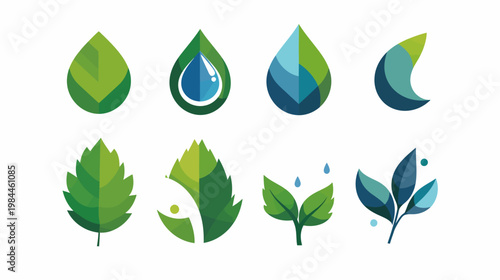 Abstract leaf and water drop graphic illustrations in diverse green and blue designs