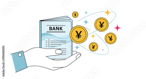 Illustration of a hand holding a bank passbook with floating yen coins and stars representing savings, finance, and banking services.