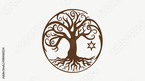 Artistic tree of life symbol in a circle with roots and star detail