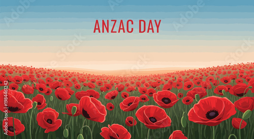 Anzac Day commemorative banner with red poppy field, remembrance day background vector, lest we forget memorial landscape with red flowers