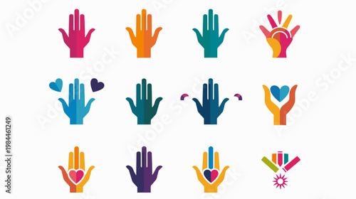 Colorful hand illustrations representing concepts of support and community