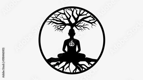 Meditating figure under tree silhouette within circle against white background