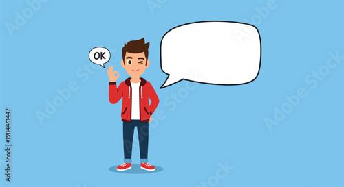 Cartoon man making an okay sign and winking with a small OK speech bubble and a large blank one for custom text on a blue background.