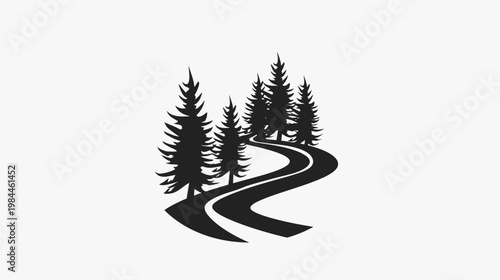 Road curving through a forest of pine trees silhouette on white background