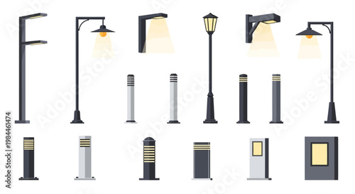 Various street lamps and lighting fixtures.