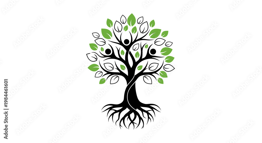 Obraz premium Abstract tree illustration with human figures and leaves against a white background