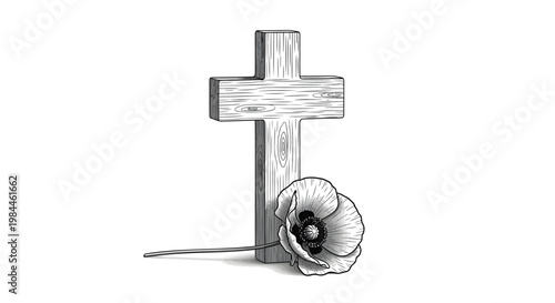 Vintage wood cross with poppy flower vector illustration, hand drawn religious memorial symbol, rustic wooden crucifix for remembrance day