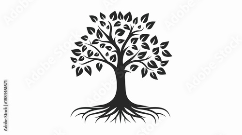 Silhouette of a strong tree with leaves and roots against a white background