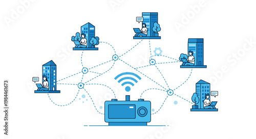 Blue monochrome illustration of people working on laptops in different buildings connected by a central wireless network router.