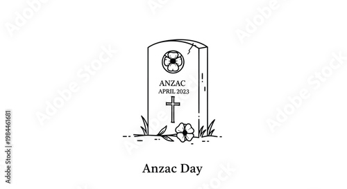Anzac Day memorial headstone vector, commemorative gravestone with poppy flower and cross, solemn war veteran tribute illustration