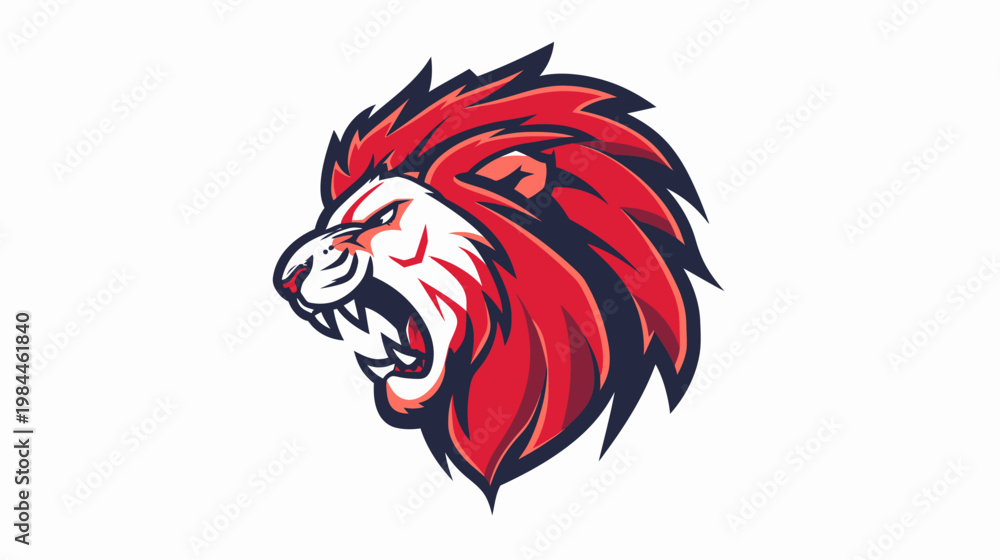 Fototapeta premium Roaring lion head illustration in bold red and white colors on white