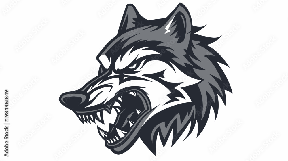 Fototapeta premium Aggressive wolf head illustration in black and white isolated on white backdrop