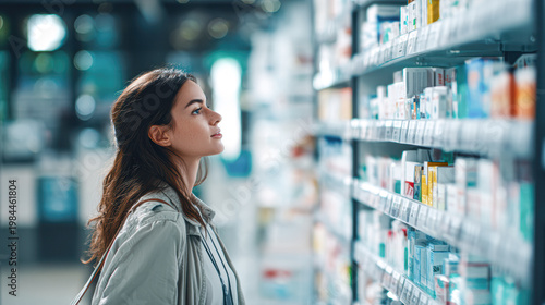 A woman thoughtfully browses a pharmacy aisle, looking at medicine and health products on the shelves.