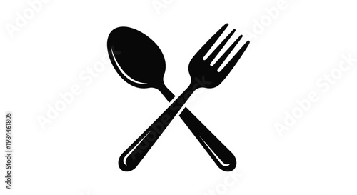 Simple black silhouette of a crossed spoon and fork representing dining restaurant services eating and culinary themes.