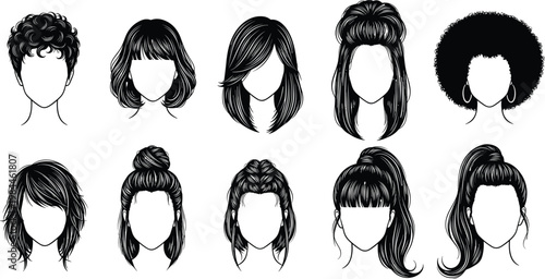 Illustrated hairstyles collection, black hair outlines, fashion design reference, curly straight wavy updo styles, beauty salon inspiration, vector art