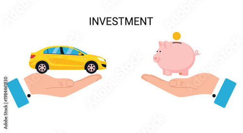 Two human hands supporting a yellow car and a pink piggy bank under the word investment to show financial planning options.