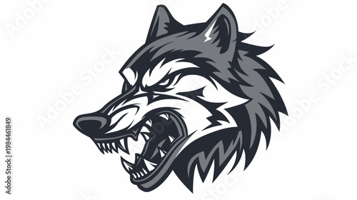 Aggressive wolf head illustration in black and white isolated on white backdrop