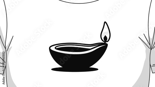 Black and white vector illustration of a diya oil lamp design on a t shirt