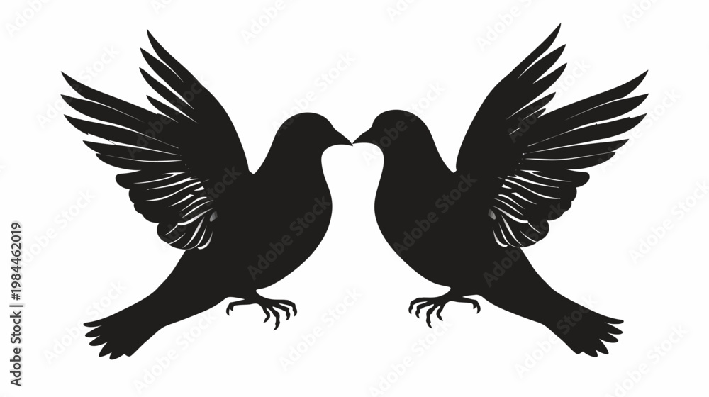 Fototapeta premium Silhouetted doves touching beaks against white backdrop for peace concepts