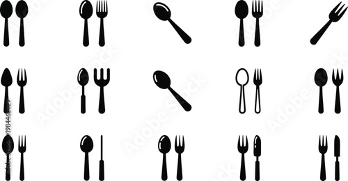 Minimalist cutlery icon set featuring black silhouettes of spoons forks and knives for menu design