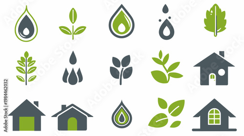 Abstract icons of water drops leaves and houses for various uses